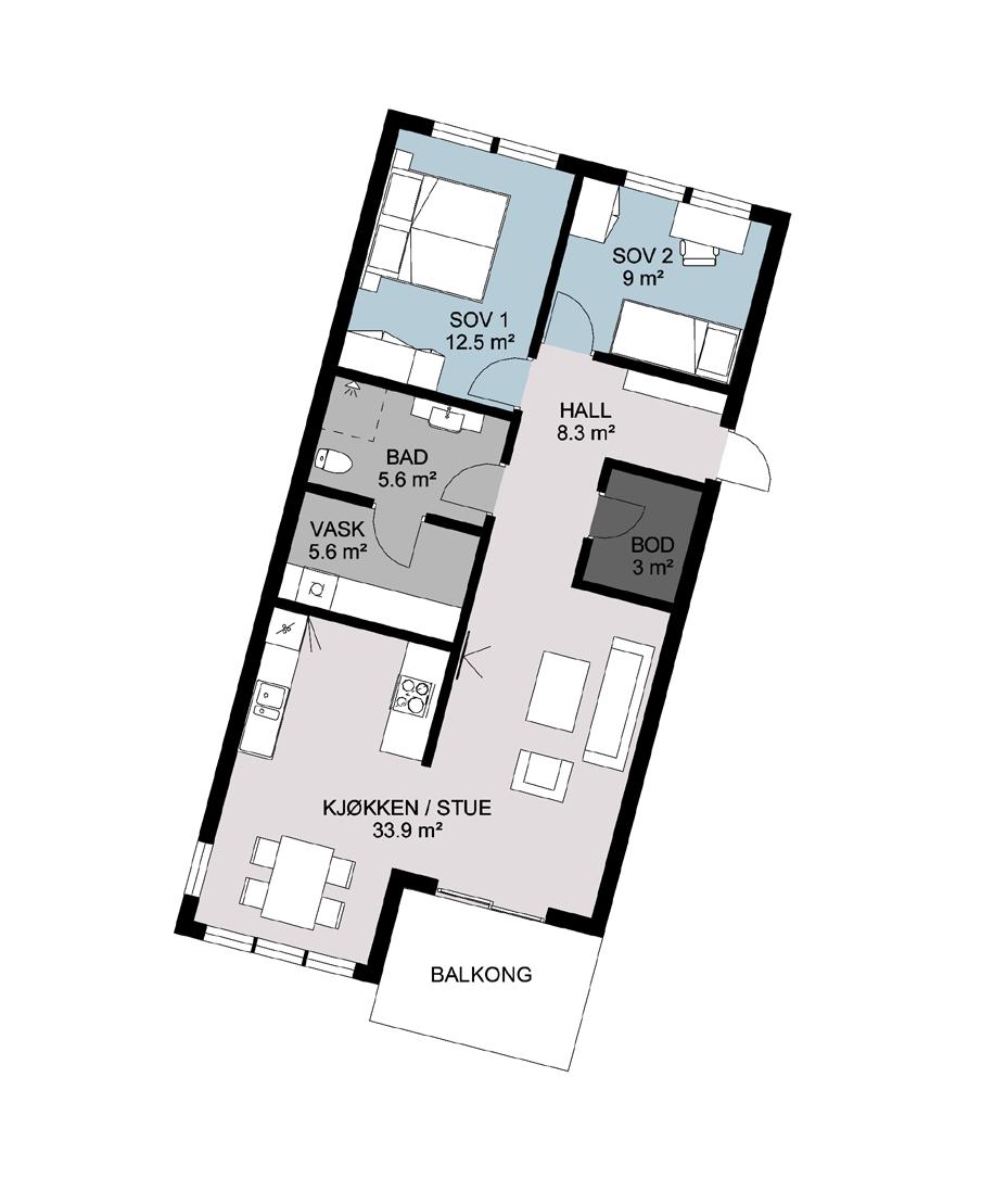 Eksempel på 60 m 2 Leilighet 9A Plasseffektiv med vakker utsikt Eksempel på 80 m 2 Leilighet 4B Gode soner og solrik balkong Denne plasseffektive leiligheten tilbyr mye på få kvadratmetere, her får