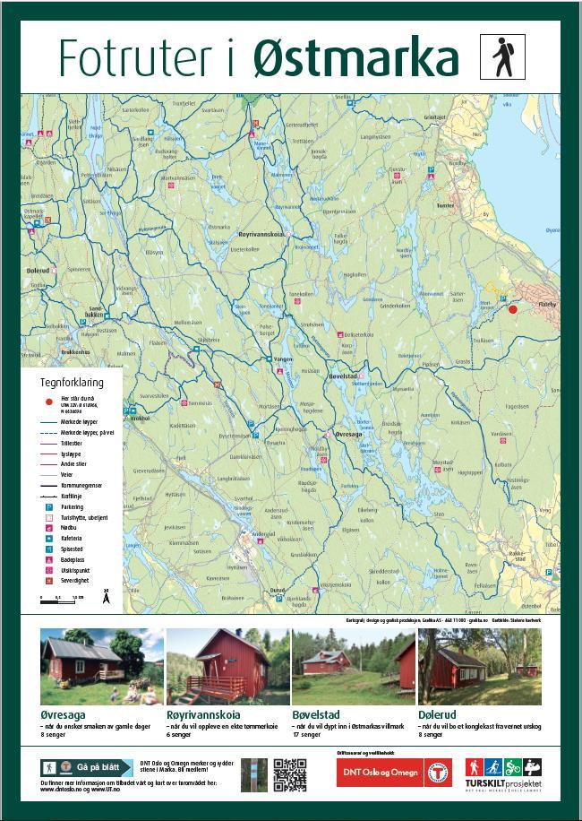 Spesifikasjoner: Kartoppslag Vandrersymbol. Kart med tydelig inntegnet rute. Andre stier vises. Tegnforklaring med målestokk. Kommunevåpen. DNT: T. XX Turlag.