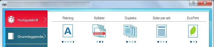 Utskrift Utskriftsinnstillinger for skriverdriver Skjermbildet utskriftsinnstillinger for skriverdriveren lar deg konfigurere en rekke utskriftsrelaterte innstillinger.