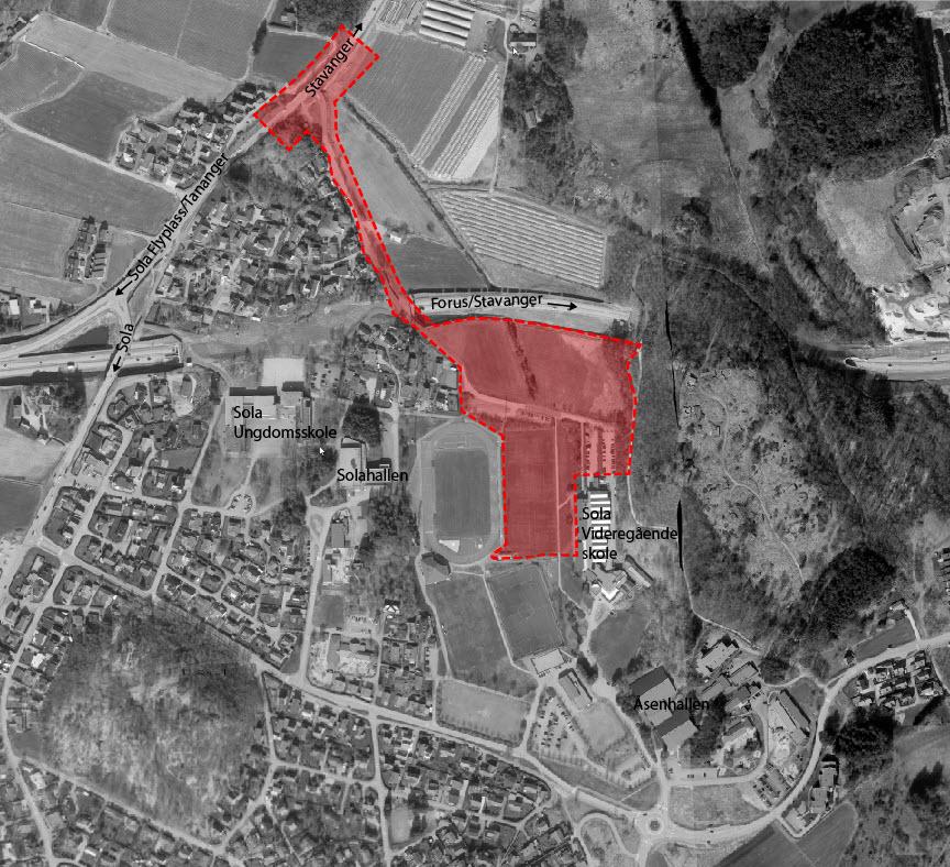 2 Om planområdet 2.1 Beskrivelse av planområdet Figur 1 - Planområdet Området som skal reguleres, strekker seg fra Nesbuveien i nord til Sola Videregående Skole og idrettsanleggene i sør.