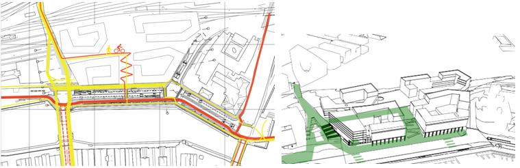 Prinsippskissene nedenfor viser hvordan planforslaget tilrettelegger for myke trafikanter. Gående er prioritert på Stasjonsplassen og langs butikkfasaden til stasjonssenteret på nordsiden av Gryta.