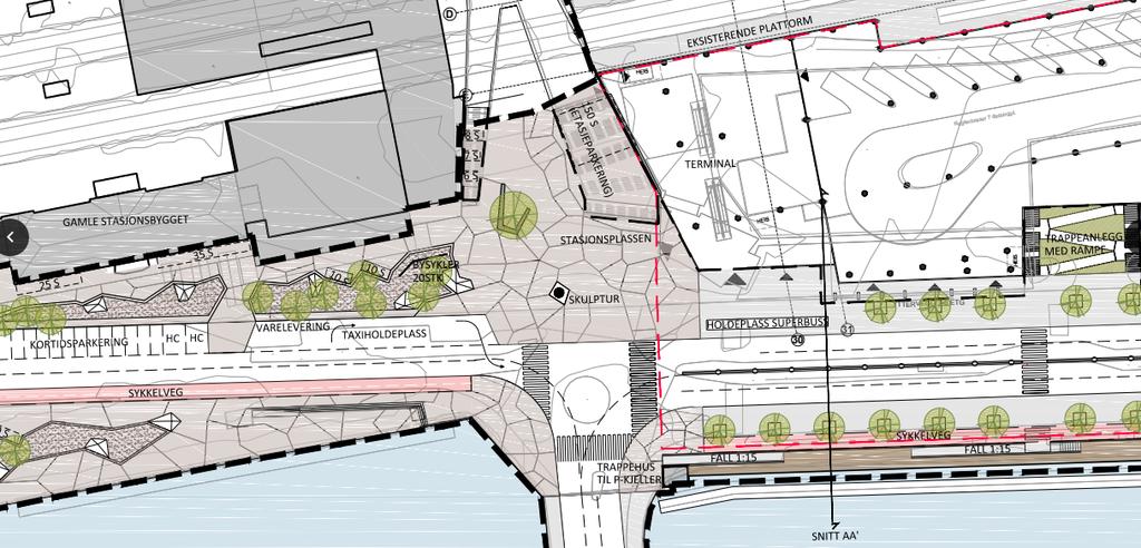 For å komme opp på Sjøgangen er det foreslått å etablere en rampe gjennom bebyggelsen og opp til plan 3.