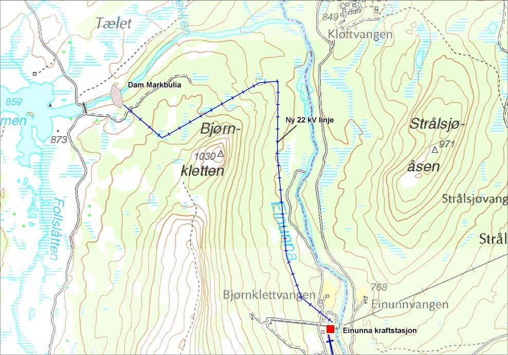 Figur 5.2 Ny 22 kv-linje fra Einunna kraftstasjon til Markbulia dam Tabell 5.3 Tekniske data for 22 kv-linjen fra Einunna kraftstasjon til Markbulia dam Linetype (strømførende) Linetype (jordline evt.