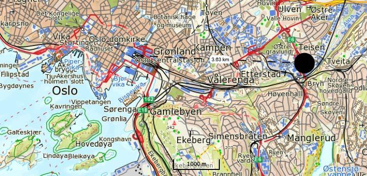 Figur 75: I dag er Statens vegvesen Region øst, vegavdeling Oslo, lokalisert i Østensjøveien 34, det er cirka 3,5 kilometer fra Oslo sentralstasjon i luftlinje.