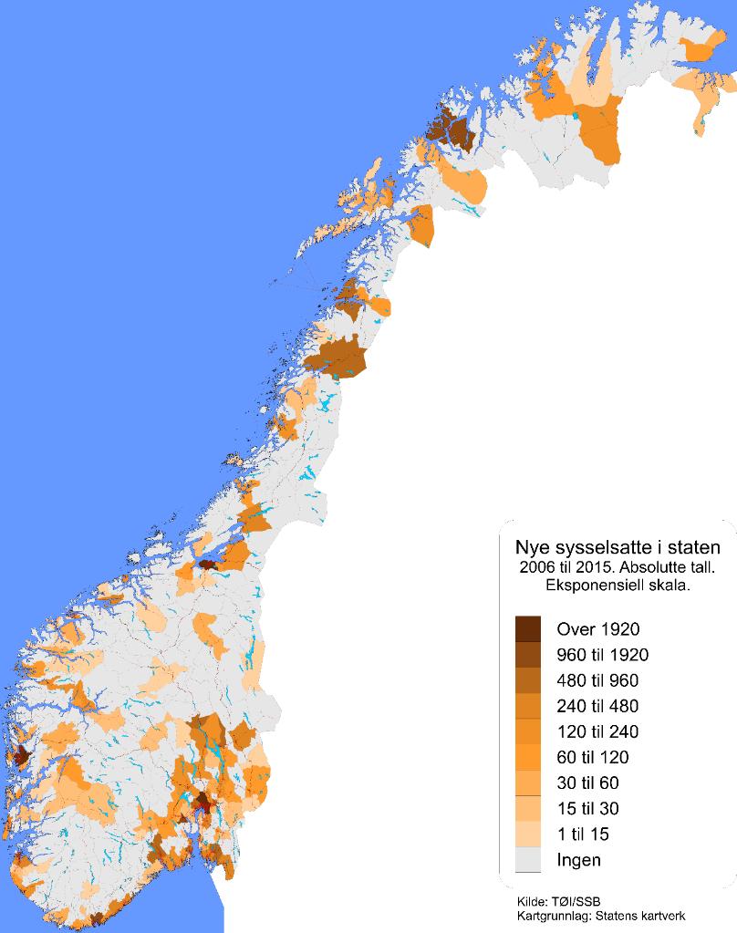 Vedlegg 1: Fordeling etter kommuner Lokalisering av statlige virksomheter følger langt på vei samme mønster som annen økonomisk virksomhet, det vil si at det etableres flere enheter desto flere