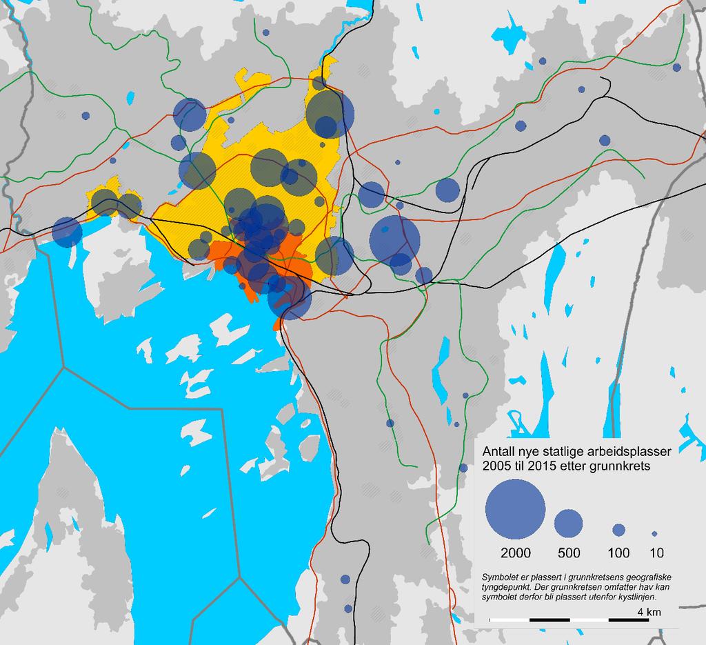 I Figur 10 viser vi plasseringen av alle de sysselsatte i virksomheter som har blitt lokalisert eller relokalisert i Oslo kommune i løpet av tiårsperioden 2005-2015.