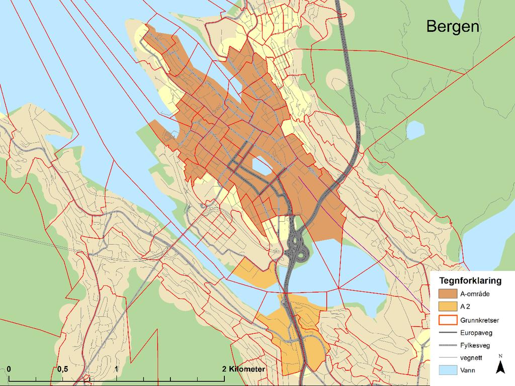 Figur 11: A- og A2-områder i Bergen.