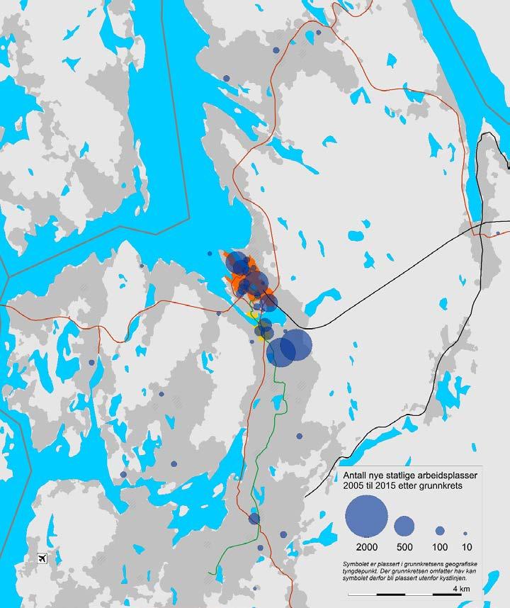 Figur 13: Antall ansatte i nyetablerte og relokaliserte nye statlige virksomheter i Bergen 2005 til 2015. Absolutte tall. Grunnkrets. Kilde: TØI/SSB.