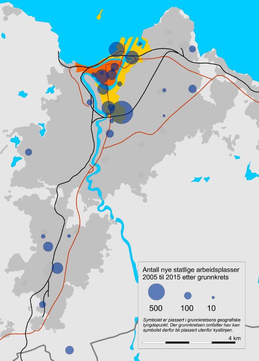 Figur 16: Antall ansatte i nyetablerte og relokaliserte nye statlige virksomheter i Trondheim 2005 til 2015. Absolutte tall. Grunnkrets. Kilde: TØI/SSB.