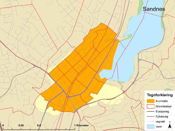 3.2.5 Sandnes I Sandnes har vi definert sentrum som A-område, se Figur 20. Figur 21 viser bebyggelsesstrukturen i det aktuelle området.