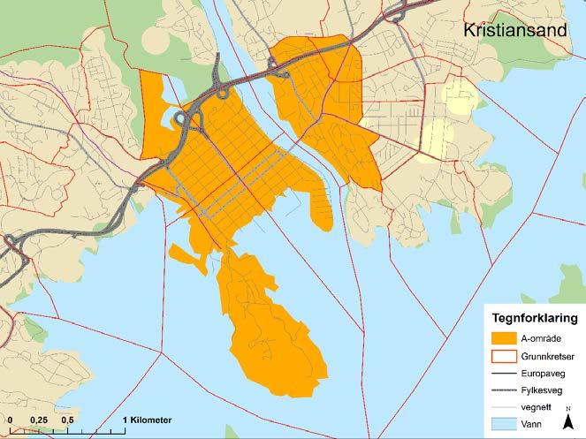 3.2.6 Kristiansand I Kristiansand har vi definert sentrum som A-område, se Figur 22. Figur 23 viser bebyggelsesstrukturen i det aktuelle området.