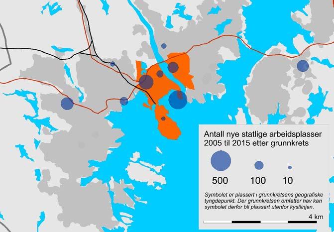 Figur 24: Antall ansatte i nyetablerte og relokaliserte nye statlige virksomheter i Kristiansand 2005 til 2015. Absolutte tall. Grunnkrets. Kilde: TØI/SSB.