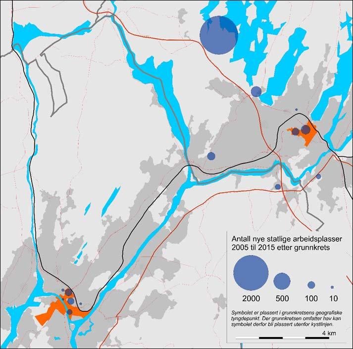 I Figur 27 ser vi plasseringen av alle de sysselsatte i virksomheter som har blitt lokalisert eller relokalisert i Fredrikstad (og Sarpsborg) i løpet av tiårsperioden