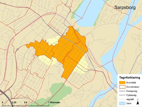 3.2.8 Sarpsborg I Sarpsborg har vi også definert sentrum som A-område, se Figur 28. Figur 29 viser bebyggelsesstrukturen i det aktuelle området.