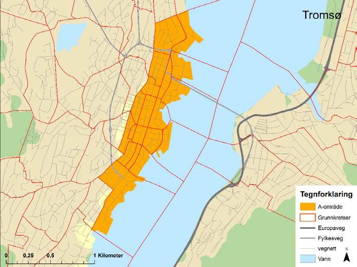 3.2.9 Tromsø I Tromsø har vi definert sentrum som A-område, se Figur 30. Figur 31 viser bebyggelsesstrukturen i det aktuelle området.