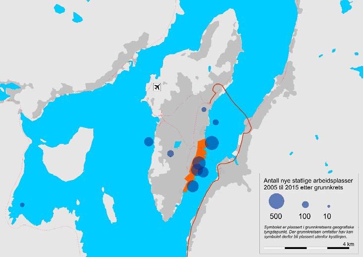 Figur 32: Antall ansatte i nyetablerte og relokaliserte nye statlige virksomheter i Tromsø 2005 til 2015. Absolutte tall. Grunnkrets. Kilde: TØI/SSB.