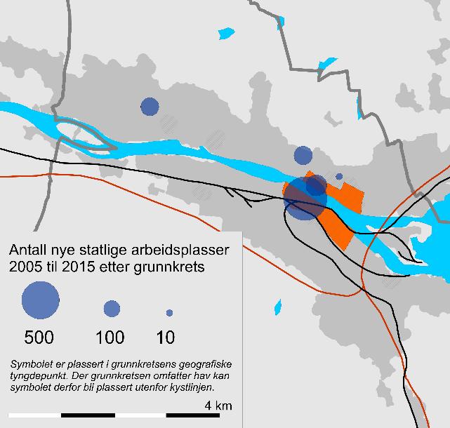 Figur 35: Antall ansatte i nyetablerte og relokaliserte nye statlige virksomheter i Drammen 2005 til 2015. Absolutte tall. Grunnkrets. Kilde: TØI/SSB.