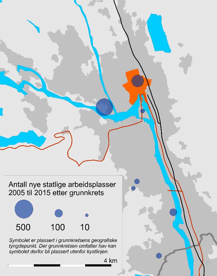 Figur 38: Antall ansatte i nyetablerte og relokaliserte nye statlige virksomheter i Skien 2005 til 2015. Absolutte tall. Grunnkrets. Kilde: TØI/SSB.