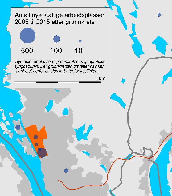 Figur 47: Antall ansatte i nyetablerte og relokaliserte nye statlige virksomheter i Haugesund 2005 til 2015. Absolutte tall. Grunnkrets. Kilde: TØI/SSB.