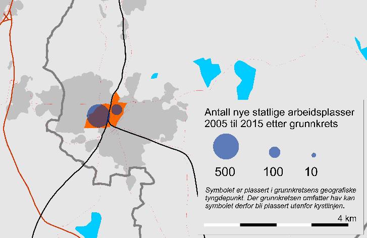 I Ski har det ikke kommet noen statlige lokaliseringer utenfor A-området i tiårsperioden 2005-2015. 3.2.16 Lillehammer I Lillehammer har vi også definert sentrum som A-område, se Figur 51.