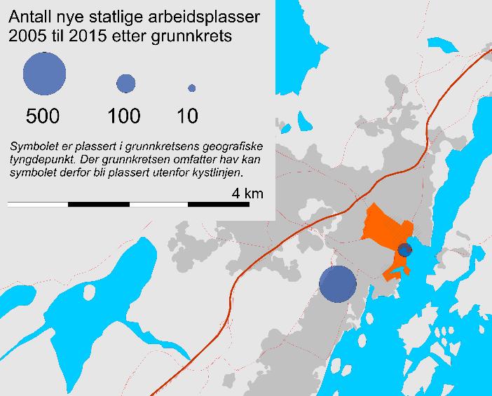 Figur 59: Antall ansatte i nyetablerte og relokaliserte nye statlige virksomheter i Grimstad 2005 til 2015. Absolutte tall. Grunnkrets. Kilde: TØI/SSB. Sentrum er dominert av småhus.