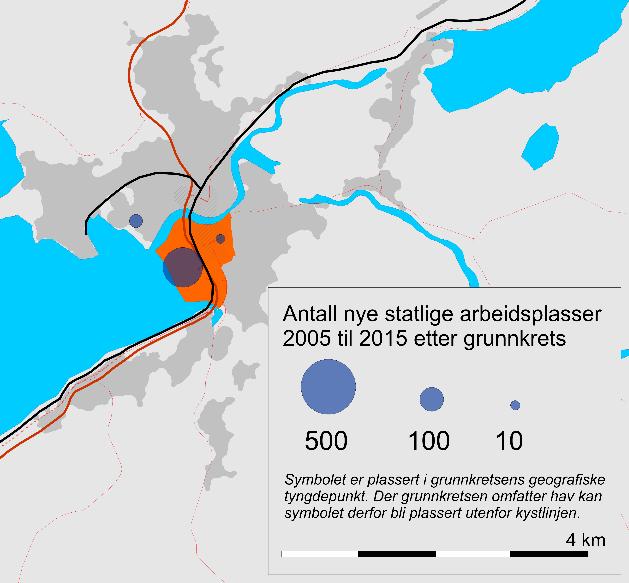 Figur 62: Antall ansatte i nyetablerte og relokaliserte nye statlige virksomheter i Steinkjer 2005 til 2015. Absolutte tall. Grunnkrets. Kilde: TØI/SSB.
