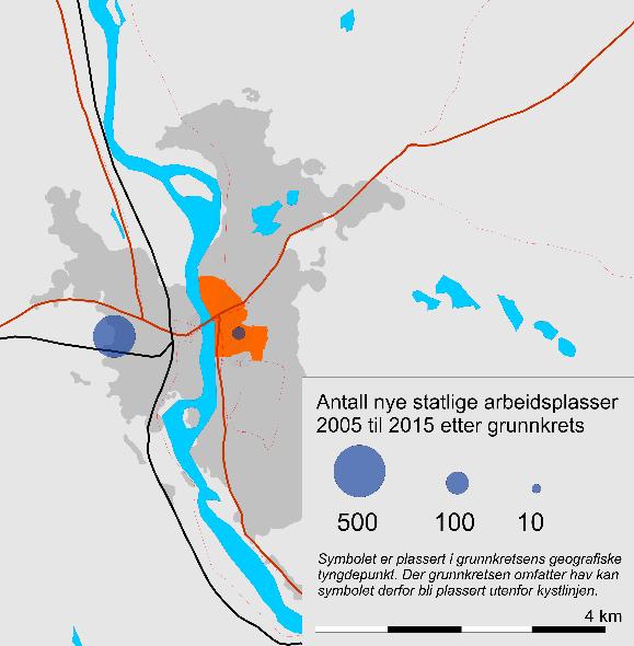 Figur 65: Antall ansatte i nyetablerte og relokaliserte nye statlige virksomheter i Elverum 2005 til 2015. Absolutte tall. Grunnkrets. Kilde: TØI/SSB.