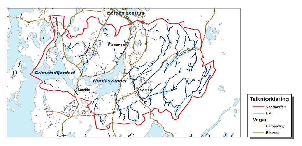 32). Heile nedslagsfeltet er i Bergen kommune og totalt nedbørfeltareal er 110 km². Vassområdet omfattar også nokre mindre vassdrag.