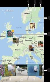 1 Vis geografisk merkede bilder i globusvisning 2 Søk etter et sted på kartet 3 Vis menyvalg 4 Dobbelttrykk for å zoome inn. Knip for å zoome ut.