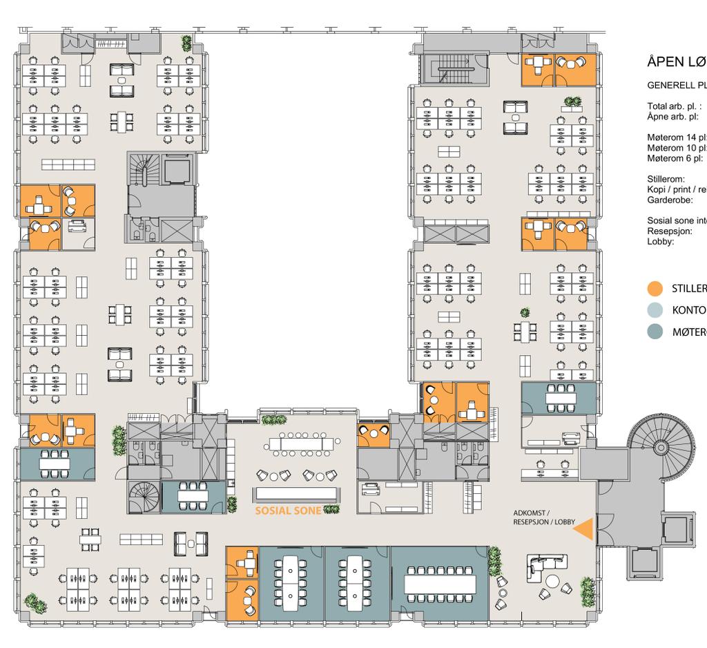 Generelt plan 5. etg./1.957 kvm/100 % åpen løsning Arbeidsplasser Generelt plan 7. etg./1.264 kvm/cellekontor/åpen løsning Arbeidsplasser Totalt arb. pl. : 104 Åpne arb.