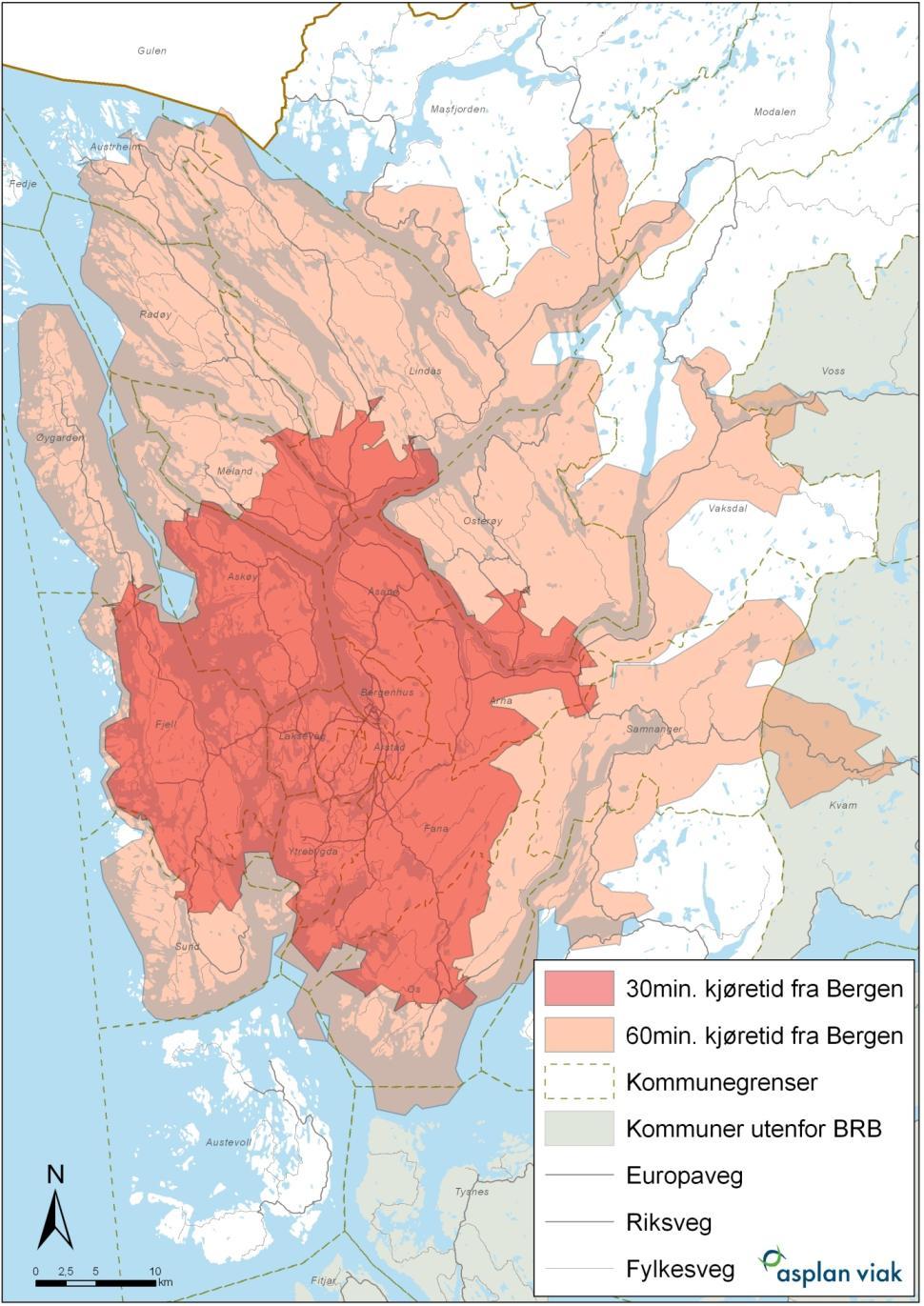 Næringslivets arealbehov og lokaliseringspreferanser 47 Figur 29: Kjøretid med bil fra Bergen sentrum (Nygårdstangen). Hvite områder er utenfor 60 min.kjøretid, eller uten vegdekning. 5.