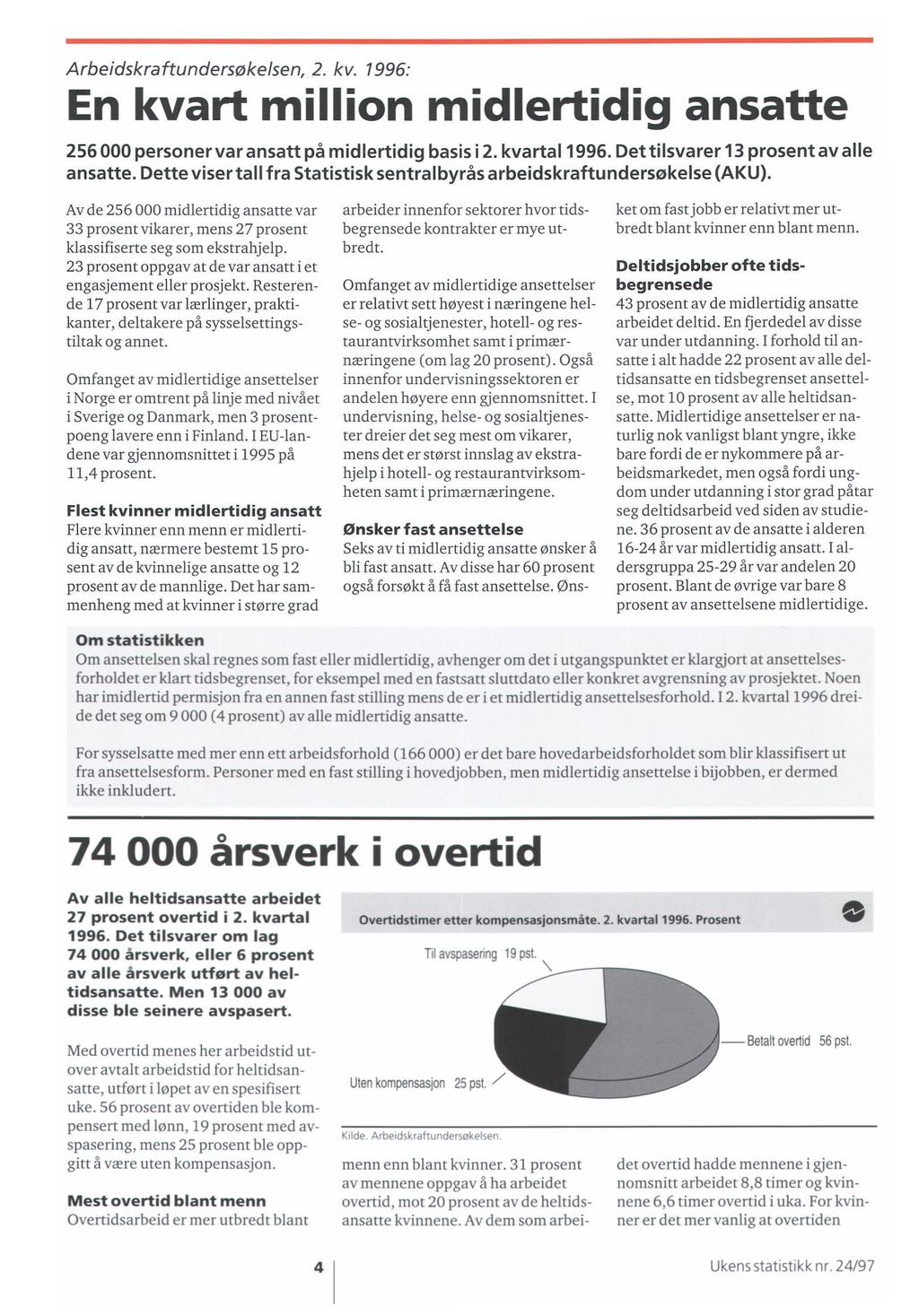 Arbeidskraftundersøkelsen, 2. kv. 1996: En kvart million midlertidig ansatte 256 000 personer var ansatt på midlertidig basis i 2. kvartal 1996. Dettilsvarer 13 prosent av alle ansatte.