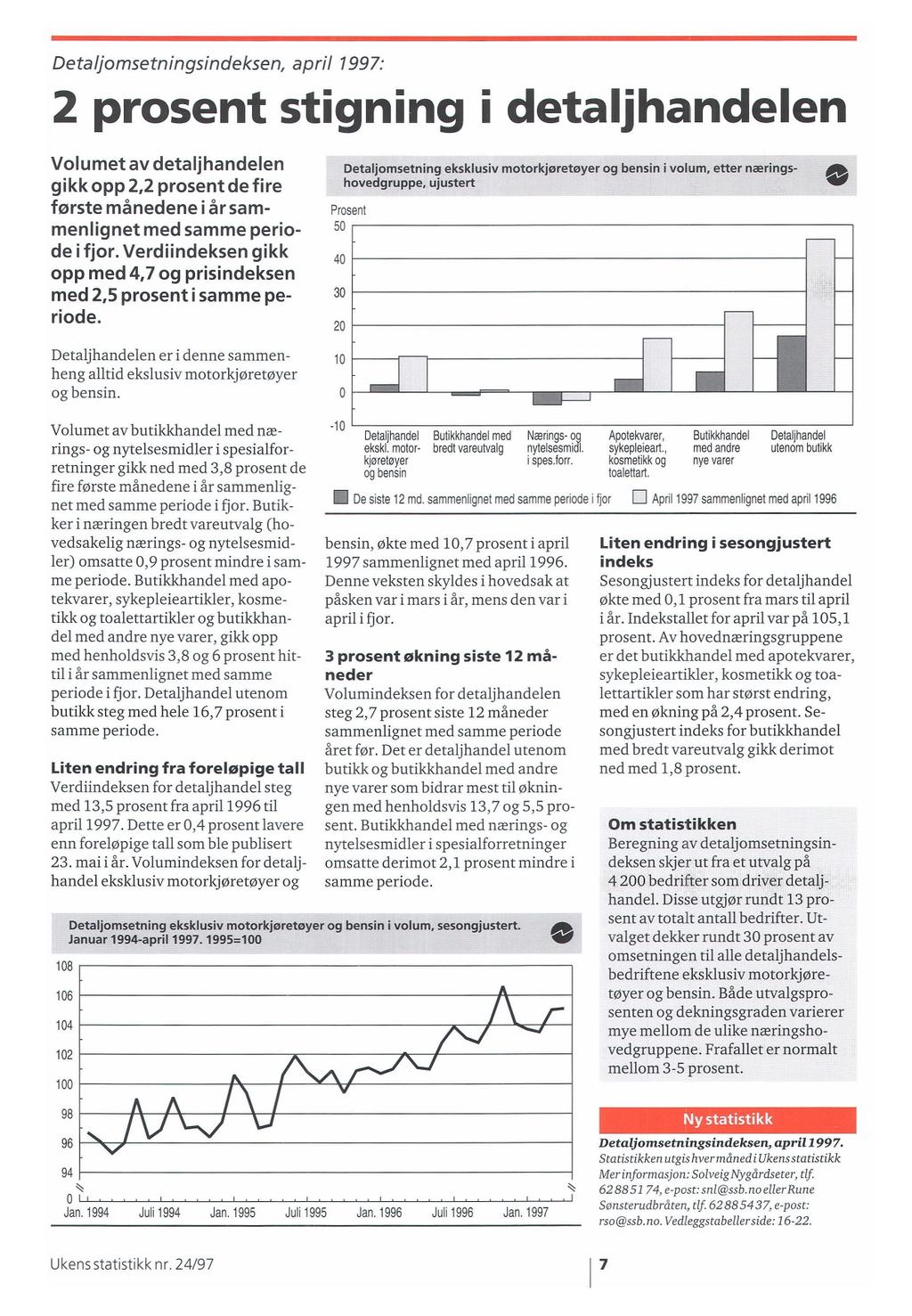 Detaljomsetningsindeksen, april 1997: 2 prosent stigning i detaljhandelen Volumet av detaljhandelen gikk opp 2,2 prosent de fire første månedene i år sammenlignet med samme periode i fjor.