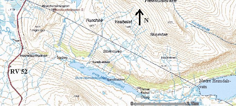 2. Områdebeskrivelse 2.1 Lokalitet Den subalpine innsjøen Øvre Heimdalsvatn ligger i den sørøstlige delen av Jotunheimen i Øystre Slidre kommune, Oppland fylke.( 61 25'32" N, 8 52'10"Ø).