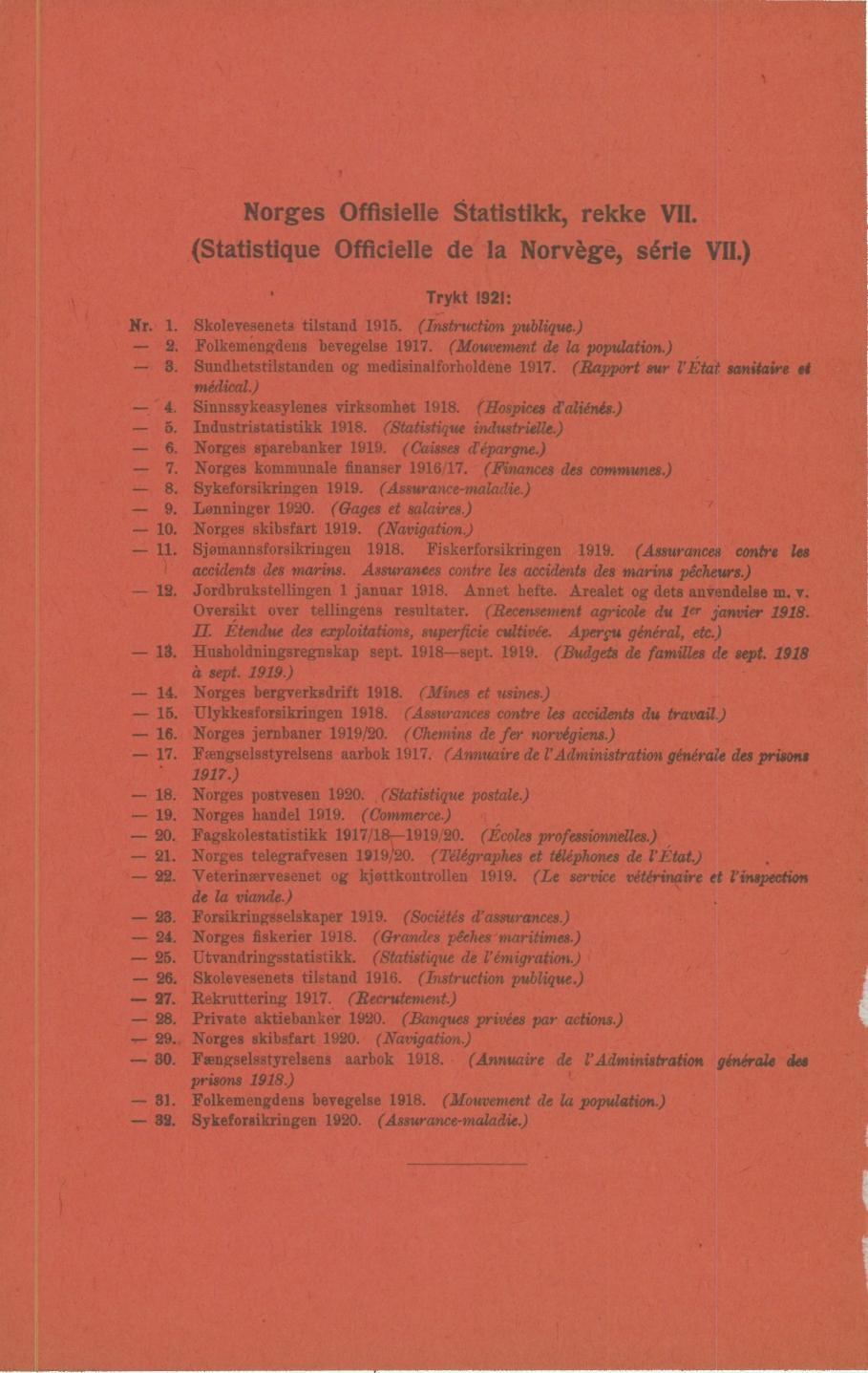 orges Offisielle Statistikk, rekke VII (Statistique Officielle de la orvège, série VII) Trykt 92: r Skolevesenets tilstand 95 (Instruction publique) 2 Folkeméngdens bevegelse 97 (Mouvement de la