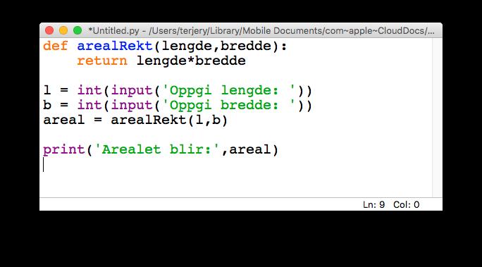 parametere: def arealrektangel (b,h): # Beregne areal av rektangel return b*h >>>