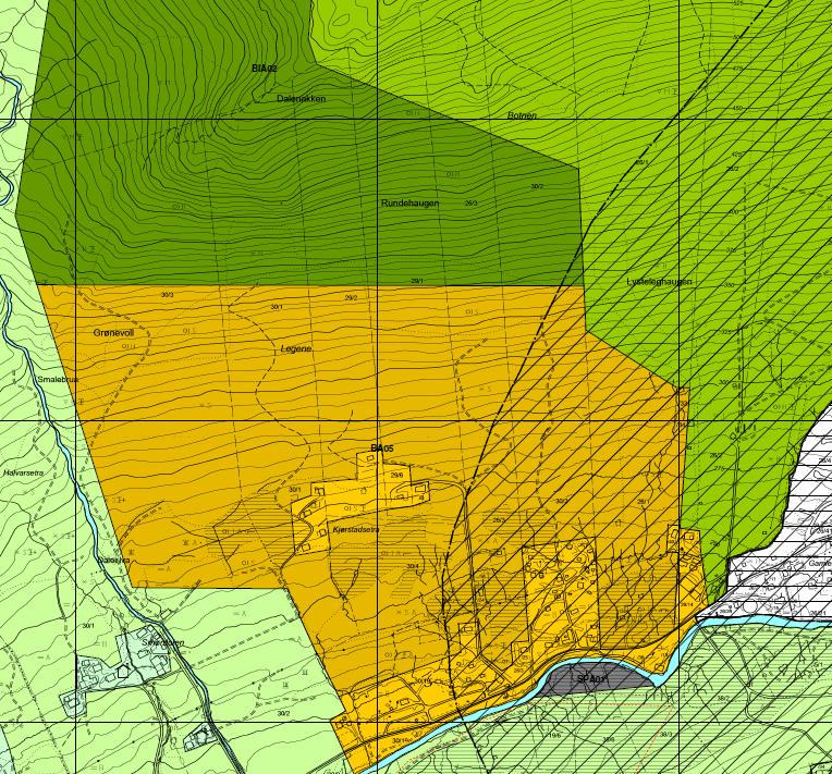 byggeområde med krav om reguleringsplan sjå føresegner og retningslinjer,