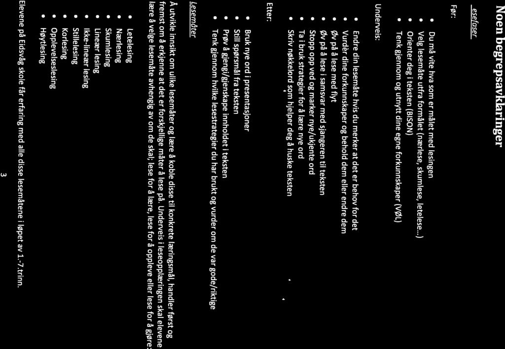Du må vite hva som er målet med lesingen Før: Lese faser: 3 Elevene på Eidsvåg skole får erfaring med alle disse lesemåtene i løpet av 1.-7.trinn.