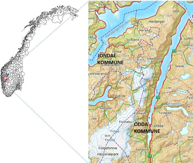 Kart 3. Jondal kommune i Hordaland Kilde: kartverket (www.norgeskart.no) I Jondal kom det signaler allerede under valgkampen i 2015 at kommunereformen kunne bli et omstridt spørsmål i kommunen.