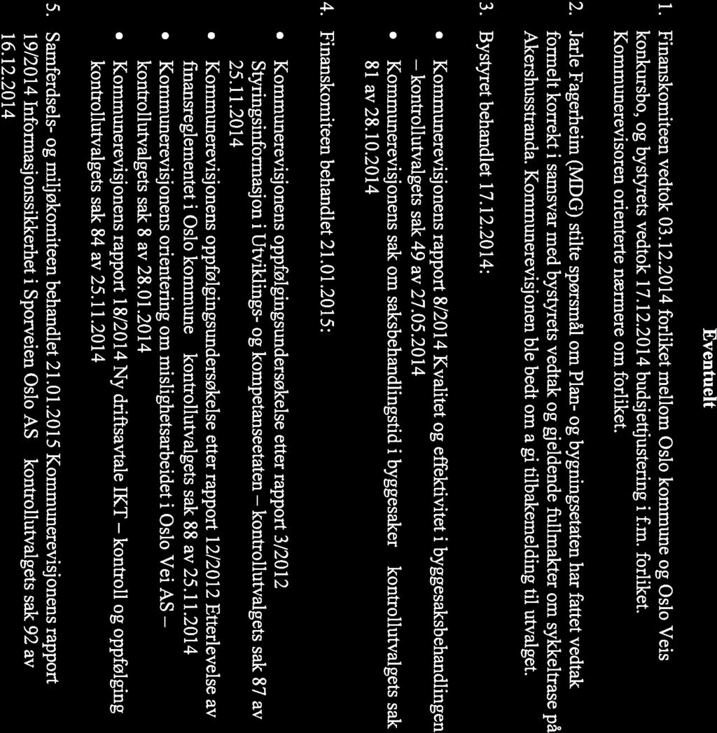 kontrollutvalgets kontrollutvalgets kontrollutvalgets Eventuelt 1. Finanskomiteen vedtok 03.12.2014 forliket mellom Oslo kommune og Oslo Veis konkursbo, og bystyrets vedtok 17.12.2014 budsjettjustering i f.