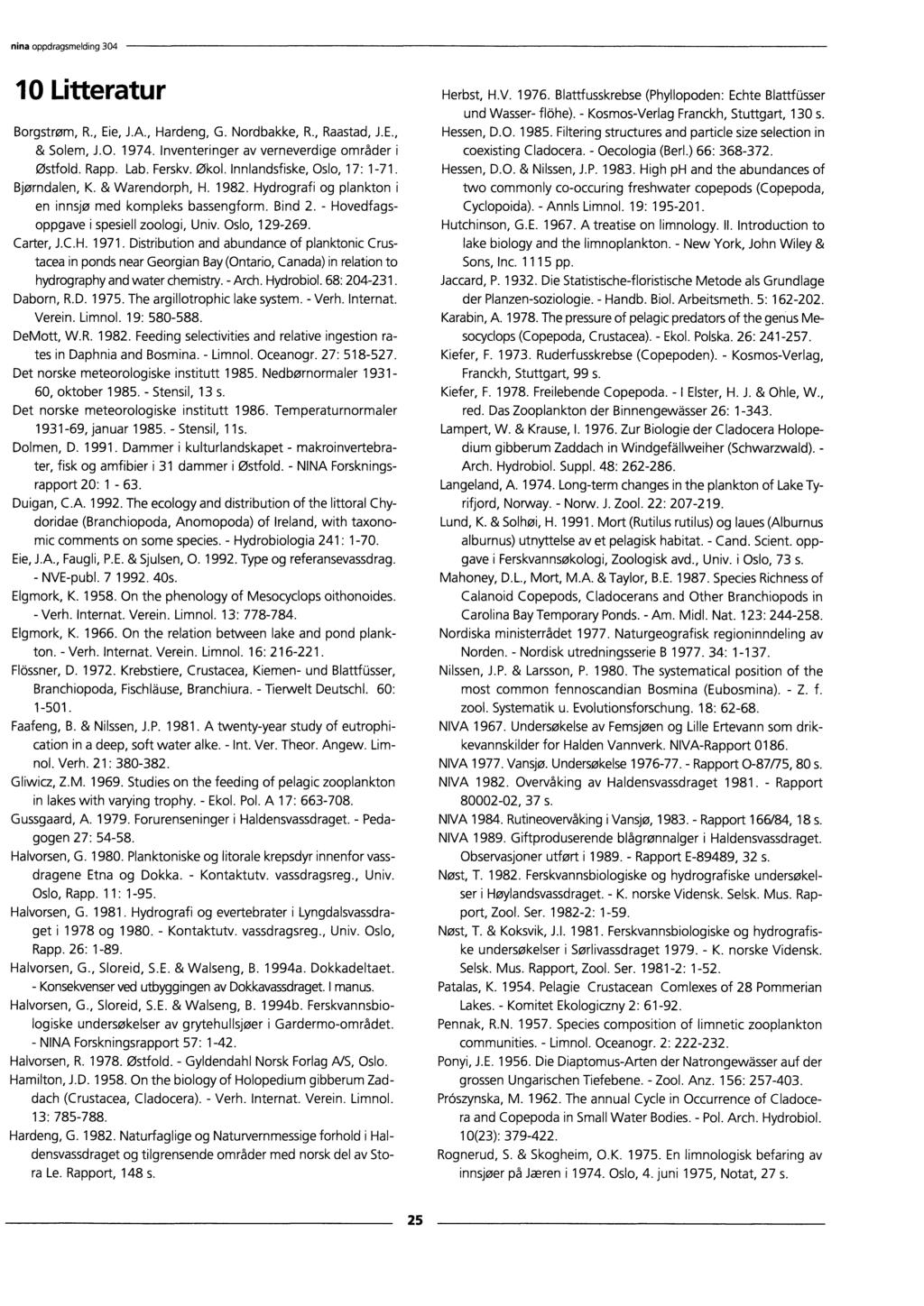 ninaoppdragsmelding 304 10 Litteratur Borgstrøm, R., Eie, J.A., Hardeng, G. Nordbakke, R., Raastad, J.E., & Solem, J.O. 1974. Inventeringer av verneverdige områder i Østfold. Rapp. Lab. Ferskv. Økol.