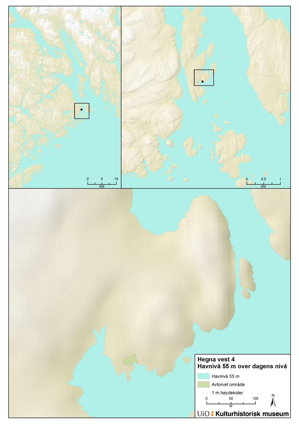 Figur 3 Beliggenheten til Hegna vest 4 med et havnivå 55 m over dagens.