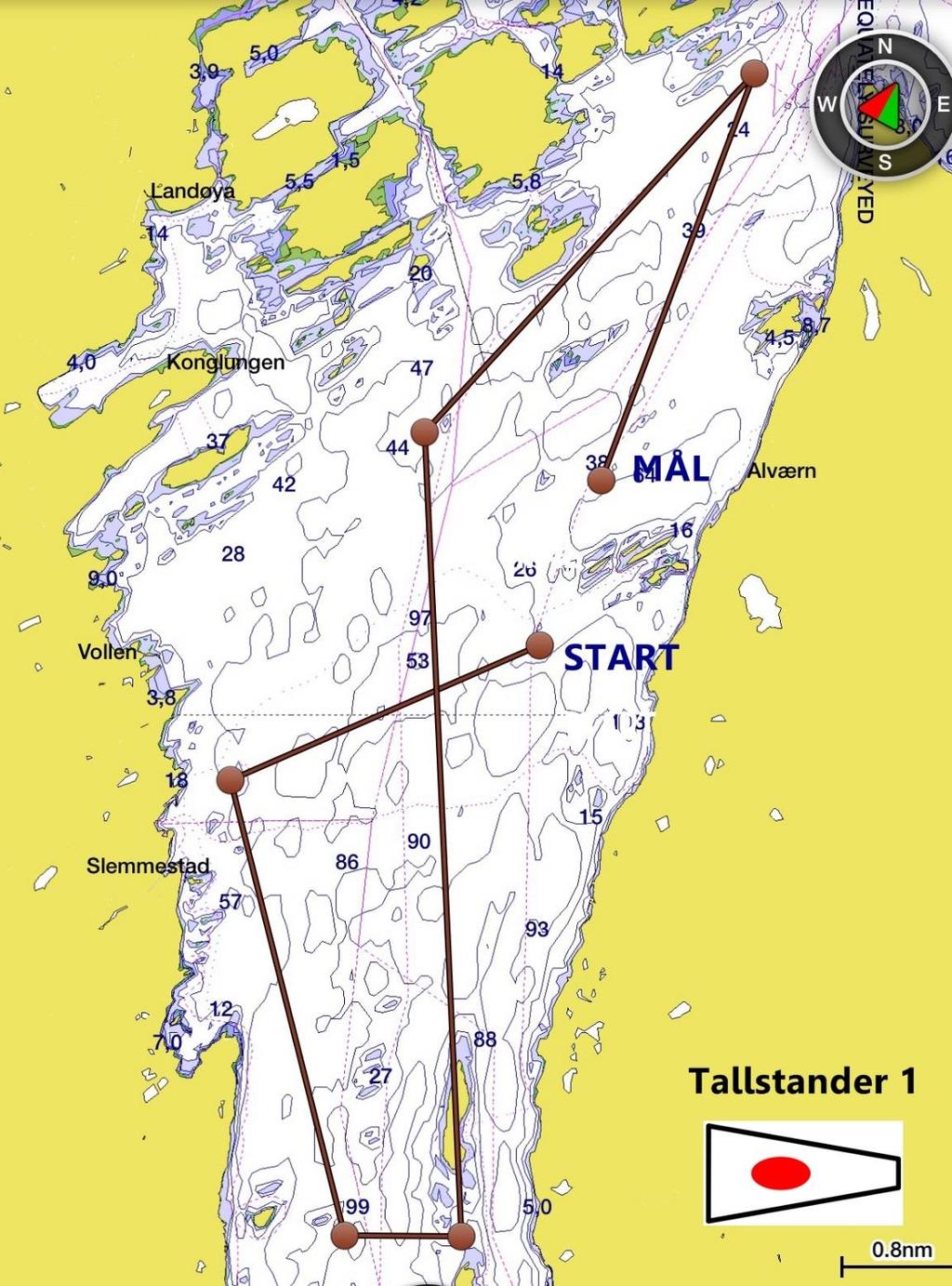 Distanseseilas - Tallstander 1 - Start mellom startbåt på SB side og startmerket (flaggbøye med orange flagg) på BB side. - Torsteingrunnen gul stake om babord (N 59 47'34.4" E10 30'55.