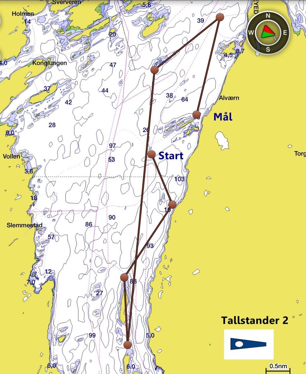 Alternativ TALLSTANDER 2 Start mellom startbåt på SB side og startmerket (flaggbøye med orange flagg) på BB side - Krøklegrunnen, Sort jernstake rundes om styrbord ( N 59 47'25.6" E 10 35'44.