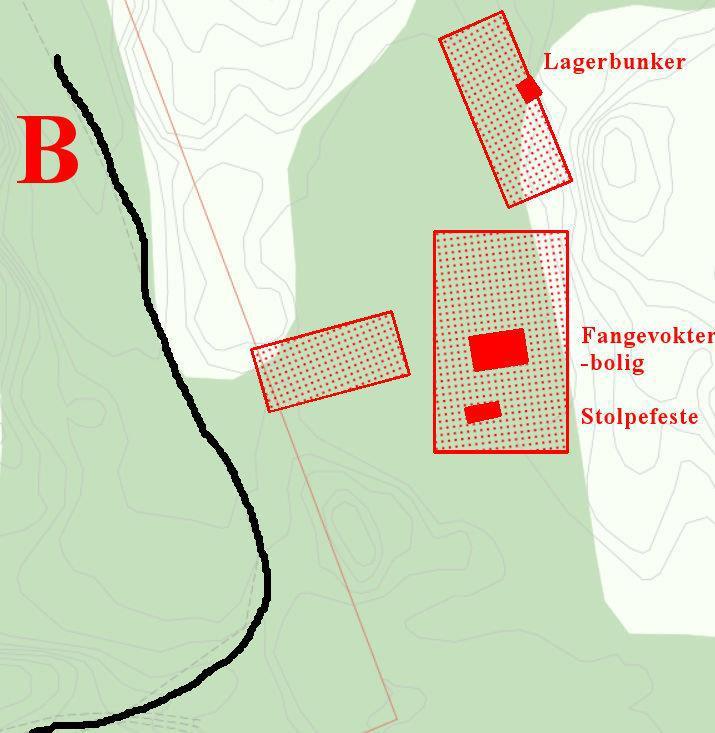 Utenom innhengningen var det en fangevokterbolig og noen mindre strukturer som kan direkte relateres til bruken av området. Figur 3. Skjøtselsonen rundt fangeleiren. Hugstfeltene markert med rødt. 2.