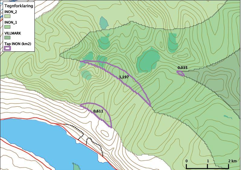 Ecofact rapport 60 Side 22 Figur 6.4 Bortfall av INON-områder som følge av tiltaket i km 2. 6.8.