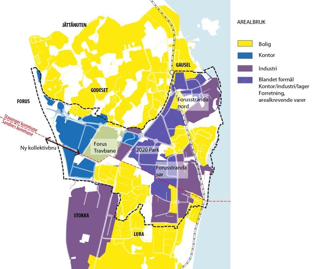 2.4 BYSTRUKTUR AREALBRUK I Forus øst er det et skarpt skille mellom bolig og næringsområder. Langs Fv 44, Forussletta, finner vi en blanding av industri, kontor og storhandel.