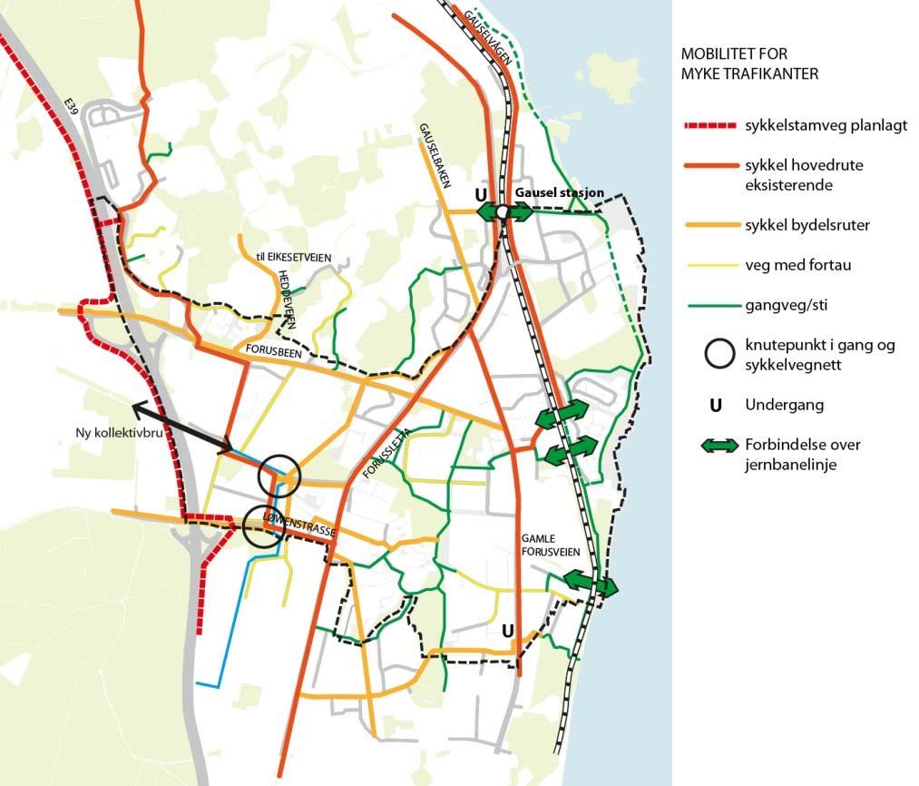 VIKTIGE FORBINDELSER Kartet til høyre viser viktige forbindelser for de myke trafikantene: Overordnet sykkelruter går nord sør, og bydelsruter øst vest Noe sammenhengende ruter for myke trafikanter