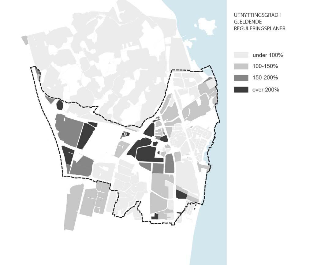 AREALRESERVE Kartet til høyre viser utnyttelsesgrad i gjeldende reguleringsplaner. I dag er det ca. 7600 arbeidsplasser og ca.