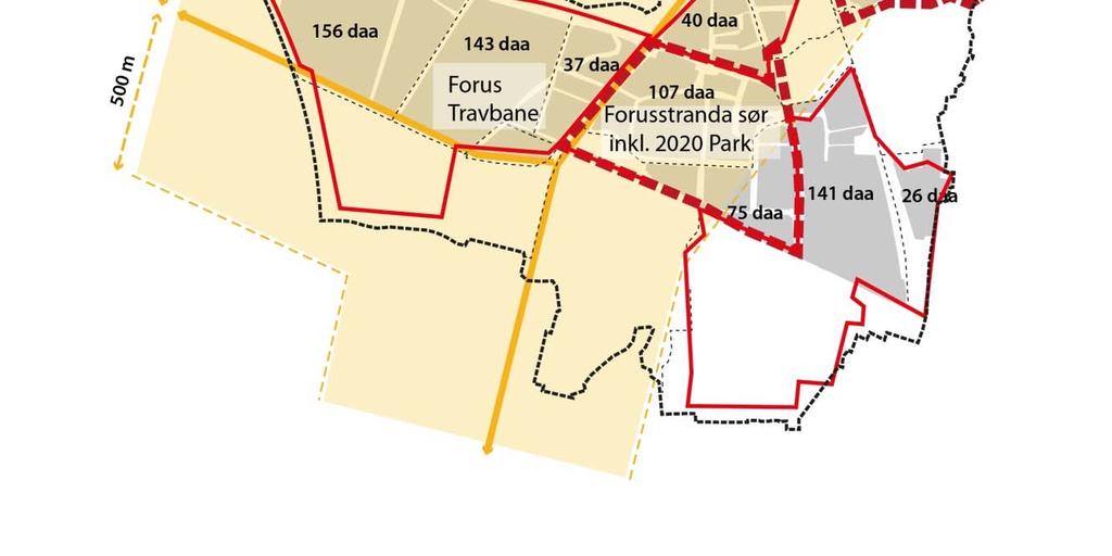 som i sin tur er avhengig av forhold til bl a kollektivtilgjengelighet Illustrasjonen til høyre og på neste side viser områder som er innenfor 500m avstand fra to alternative bybanetraséer som er